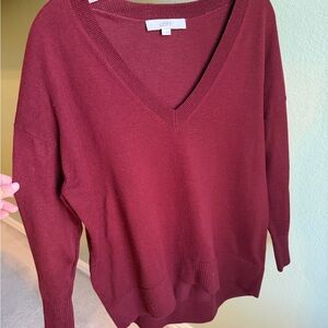 LOFT Burgundy V-Neck Sweater Soft Knit Long Sleeve Relaxed Fit Size S